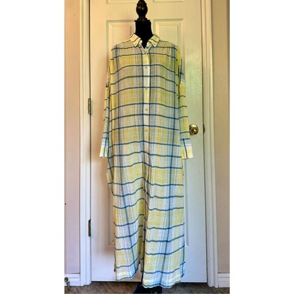 Free People By My Side Button Up Oversized Summer Yellow Plaid Tunic Size XS - Picture 2 of 11